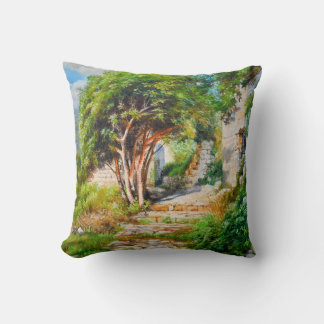 Ancient Ruins with Sunlit Tree – Oil Painting Throw Pillow