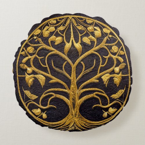 Ancient Rustic Blue Gold Tree of LIfe by kedoki Th Round Pillow