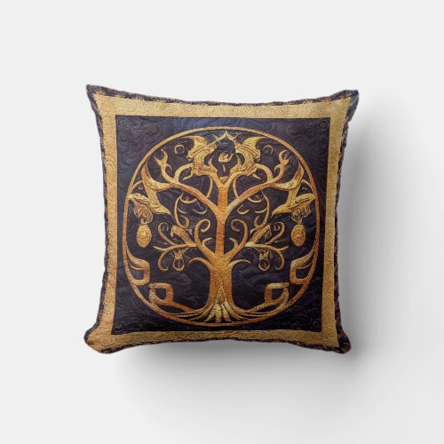 Ancient Rustic Blue  Gold Tree of LIfe by kedoki Throw Pillow