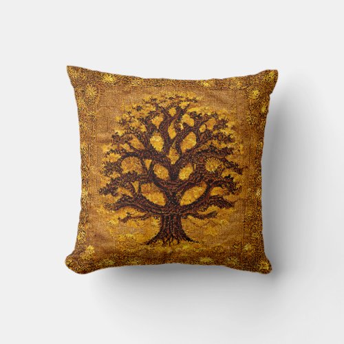 Ancient Rustic Brown  Gold Tree of LIfe by kedoki Throw Pillow