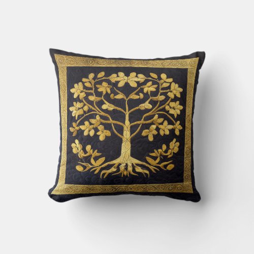 Ancient Rustic Navy Gold Tree of LIfe by kedoki Throw Pillow