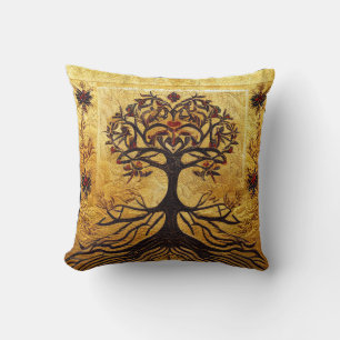 Ancient Rustic Red and Gold Tree of LIfe by kedok Throw Pillow