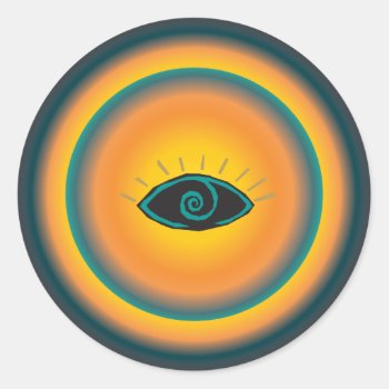 Ancient Seeing Eye Tribal Design Blue Orange Classic Round Sticker by PrettyPatternsGifts at Zazzle