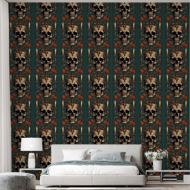 Ancient Skull, Red Roses And Vintage Candlesticks  Wallpaper (Bedroom)