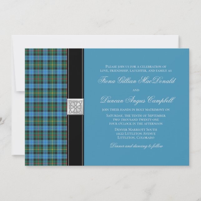 Ancient Smith Blue Tartan Wedding Invitation (Front)