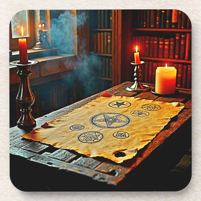 Ancient Spells on a Mystic Scroll Beverage Coaster (Front)