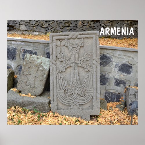 Ancient stone crosses khachkars in Armenia Poster