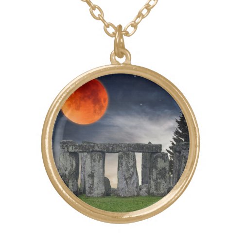 Ancient Stonehenge  Mystical Red Full Moon Gold Plated Necklace