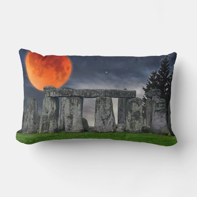 Ancient Stonehenge & Mystical Red Full Moon Lumbar Pillow (Front)