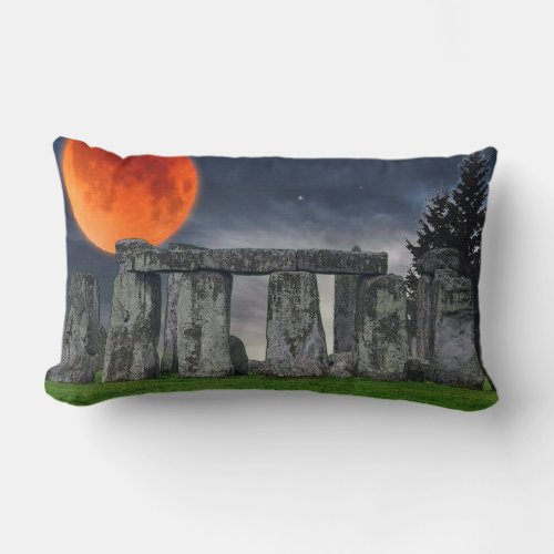 Ancient Stonehenge  Mystical Red Full Moon Lumbar Pillow