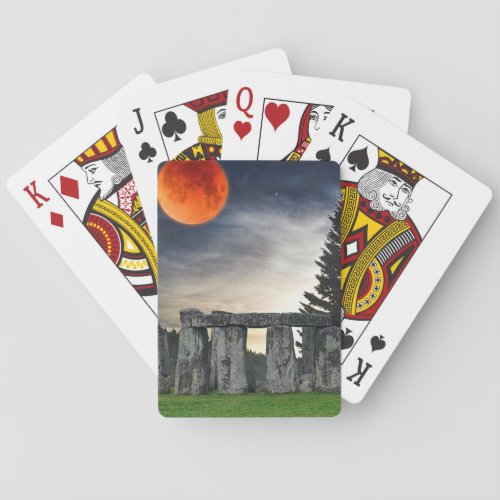 Ancient Stonehenge  Mystical Red Full Moon Playing Cards