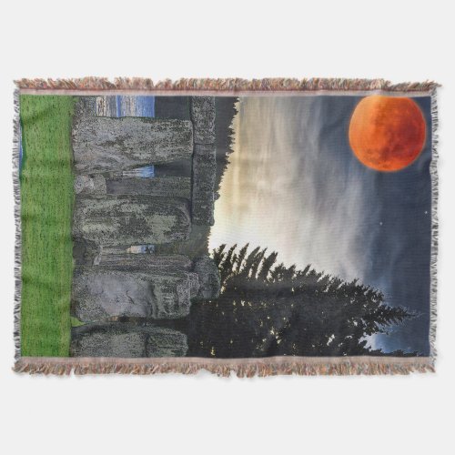 Ancient Stonehenge  Mystical Red Full Moon Throw Blanket