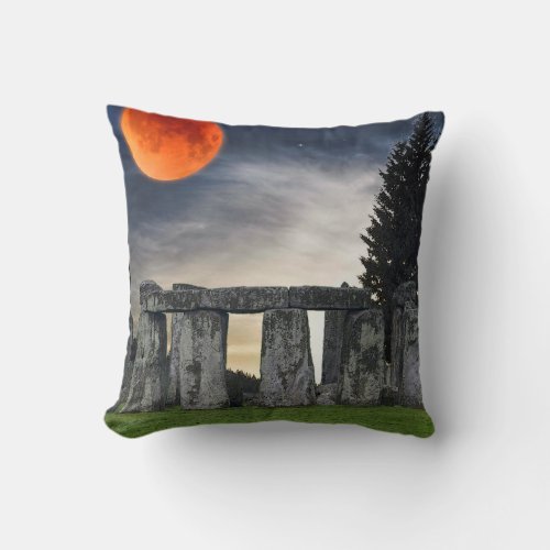 Ancient Stonehenge  Mystical Red Full Moon Throw Pillow