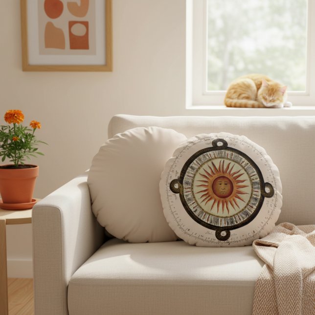 Ancient Sun Face Aztec Calendar Art Round Pillow (Aztec Calendar vintage art pillow. Decorative round pillow featuring ancient sun face art.)