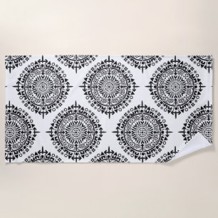 Ancient sun with symbols black white beach towel