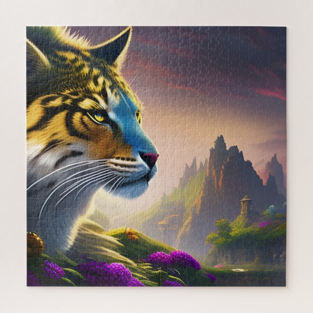 Ancient Tiger Surveys his kingdom, Purple Flowers  Jigsaw Puzzle (Vertical)