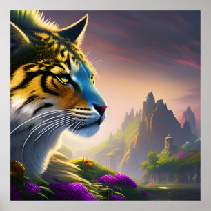 Ancient Tiger Surveys his kingdom, Purple Flowers Poster