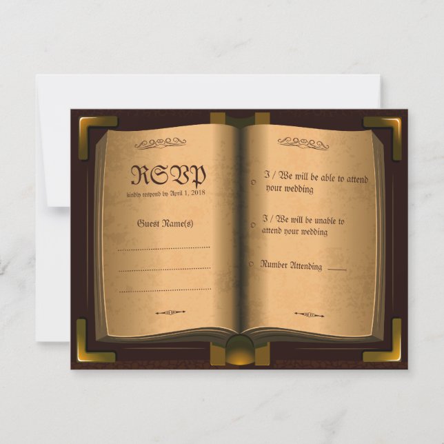 Ancient Vintage Leather Book RSVP Wedding Card (Front)