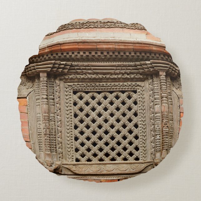 Ancient window in Nasal Chowk Courtyard of Hanuman Round Pillow (Front)