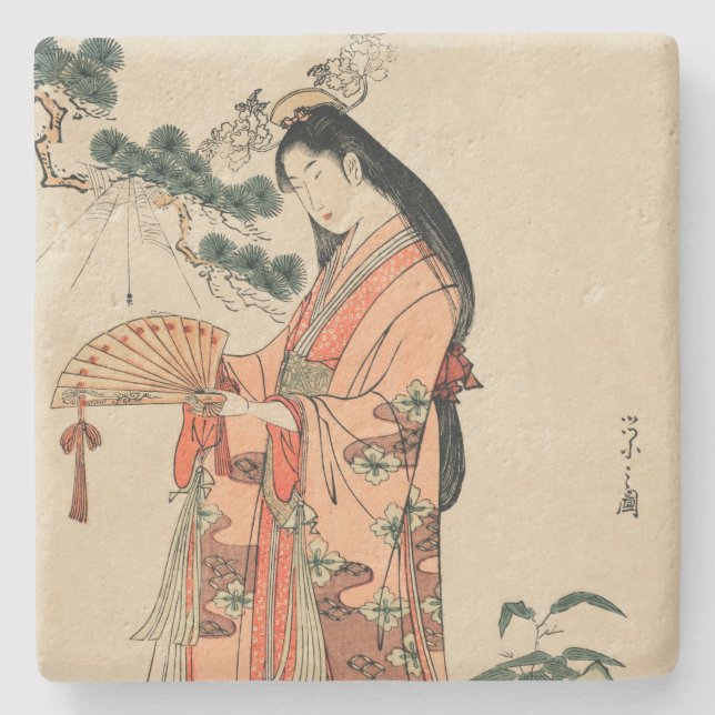 Ancient Wood Drawing of Japanese Woman Stone Coaster (Front)