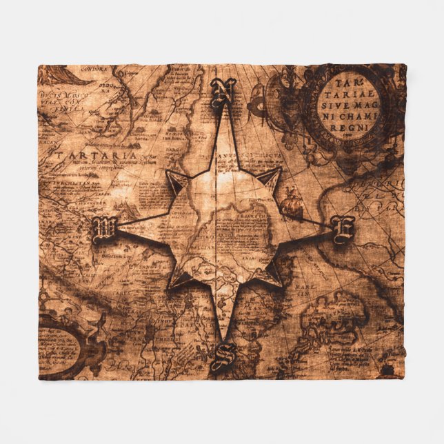 Ancient World Traveler - Map & Compass Rose Fleece Blanket (Front (Horizontal))