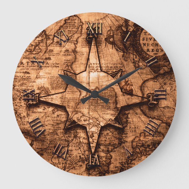 Ancient World Traveler - Map & Compass Rose Large Clock (Front)