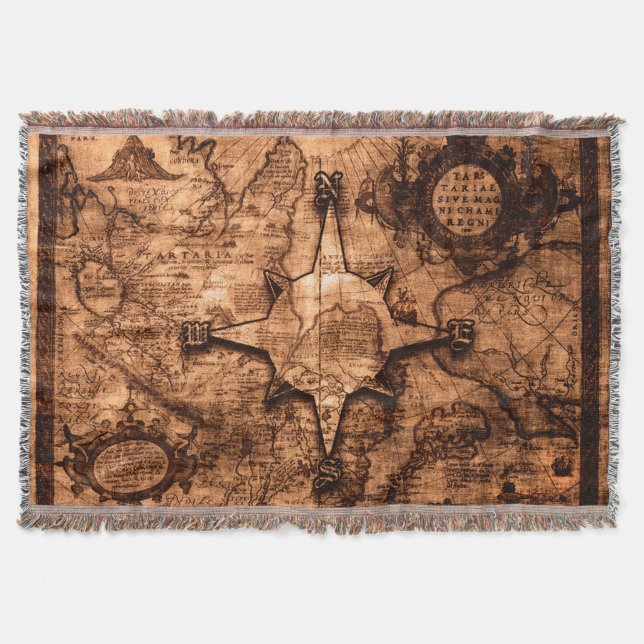 Ancient World Traveler - Map & Compass Rose Throw Blanket (Front)
