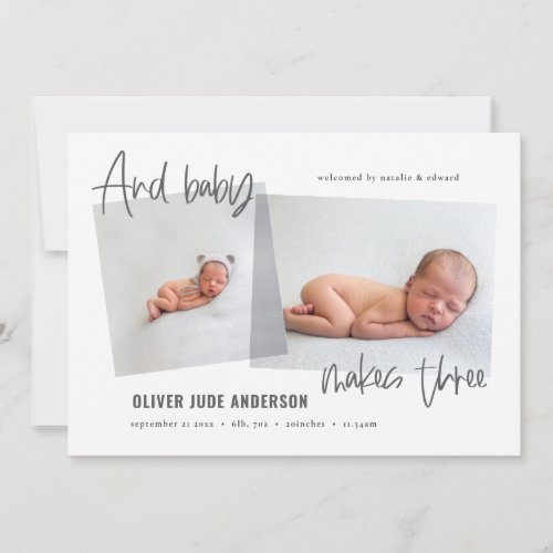 And baby makes three multi photo modern birth announcement