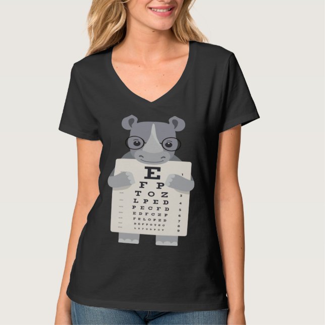 and Cute Rhino with Glasses holding an Eye Chart T-Shirt (Front)