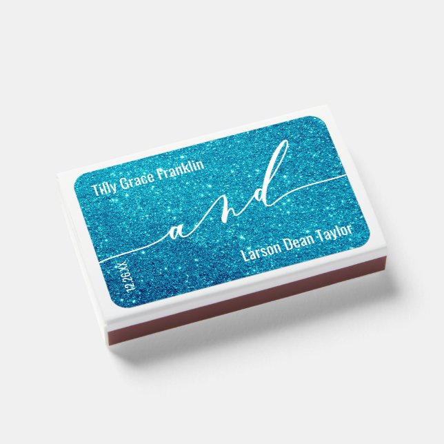 "And" Script Typography over Teal Glitter Metallic Matchboxes (Front Closed)