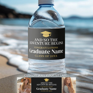 And So Adventure Awaits Modern Graduation 2 Photo Water Bottle Label