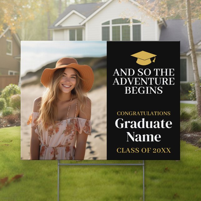 And So Adventure Awaits - Modern Graduation Photo Sign (Custom Graduation Yard Signs)