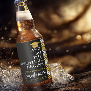 And So The Adventure Begins Black Gold Graduation Beer Bottle Label