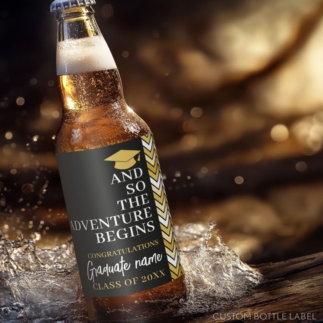 And So The Adventure Begins Black Gold Graduation Beer Bottle Label (Custom Beer Bottle Label with a Graduation Design)