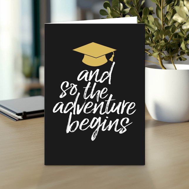 And So The Adventure Begins Black Gold Graduation Card (Custom Graduation Greeting Card - Add the Graduate's Name)