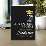 And So The Adventure Begins Black Gold Graduation Card<br><div class="desc">Add any warm greeting to create this whimsical design. This can be used for any graduate - high school,  college,  grad school,  med school or even trade school.</div>