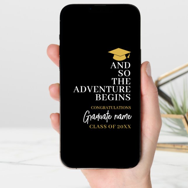 And So The Adventure Begins Black Gold Graduation Card (Front Digital)
