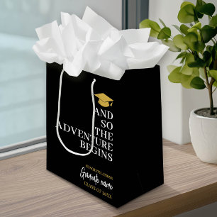 And So The Adventure Begins Black Gold Graduation Medium Gift Bag