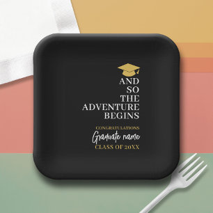 And So The Adventure Begins Black Gold Graduation Paper Plates