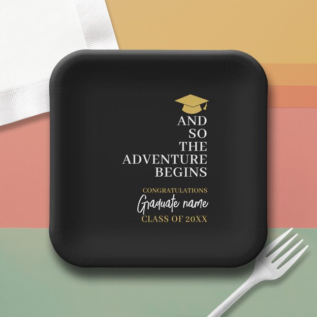 And So The Adventure Begins Black Gold Graduation Paper Plates (Custom Graduation Paper Plate)