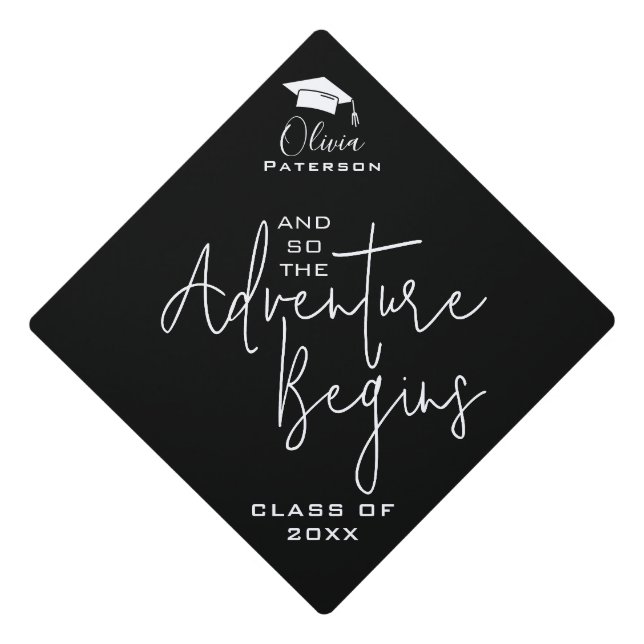 And So The Adventure Begins | Black Modern Elegant Graduation Cap Topper (Front)