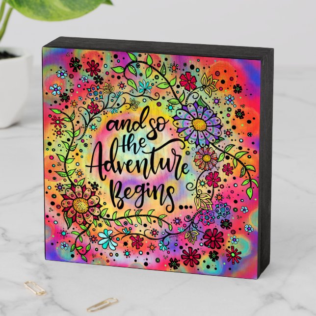 ‘And So the Adventure Begins” Floral Wooden Box Sign (In Situ Horizontal)