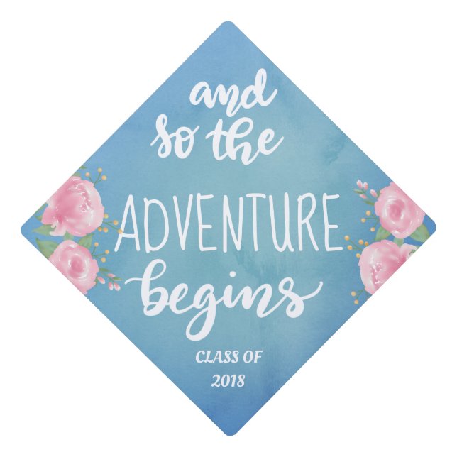 And So The Adventure Begins Handwritten Script Graduation Cap Topper (Front)