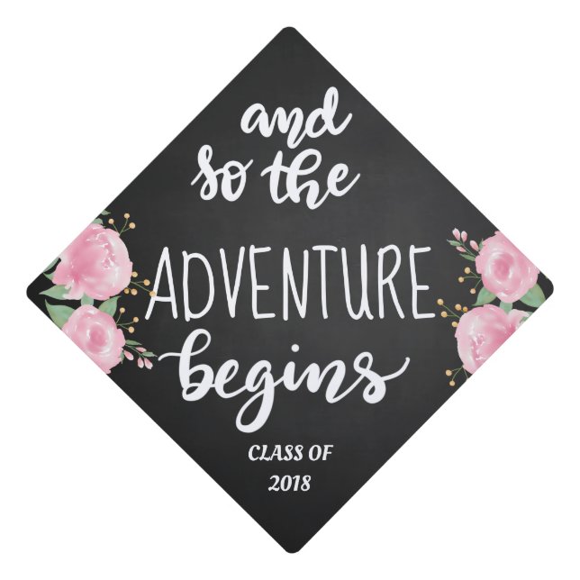 And So The Adventure Begins Handwritten Script Graduation Cap Topper (Front)