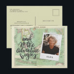 And so the adventure begins photo graduation invit invitation postcard<br><div class="desc">And so the adventure begins photo graduation announcement and party invitation. With hand lettered script text and a vintage map this collection is on trend.</div>