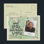 And so the adventure begins photo graduation invit invitation postcard<br><div class="desc">And so the adventure begins photo graduation announcement and party invitation. With hand lettered script text and a vintage map this collection is on trend.</div>