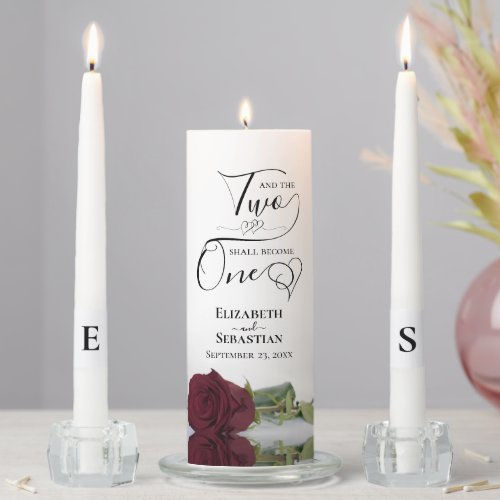 And the Two Shall Become One Elegant Burgundy Rose Unity Candle Set