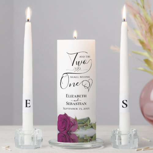 And the Two Shall Become One Elegant Magenta Rose Unity Candle Set