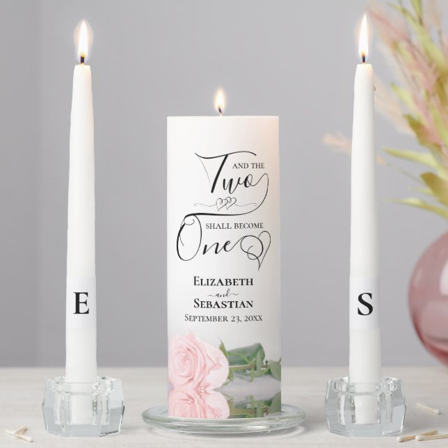 And the Two Shall Become One Elegant Pink Rose Unity Candle Set (In Situ)