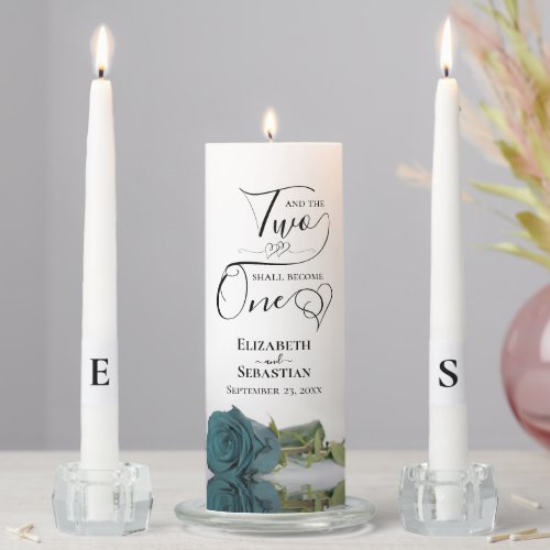 And the Two Shall Become One Elegant Teal Rose Unity Candle Set